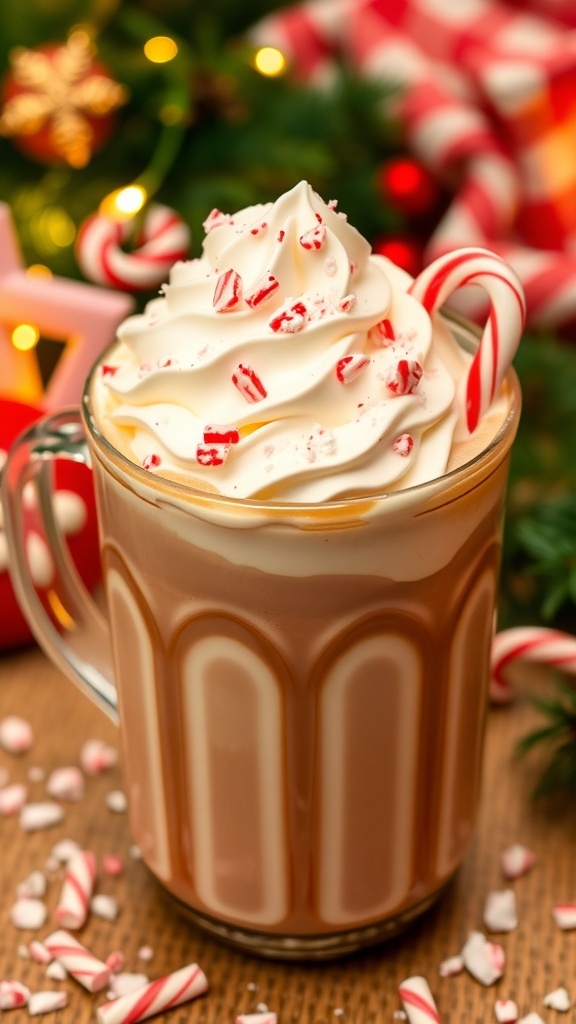 A cozy cup of peppermint mocha topped with whipped cream and candy canes, surrounded by holiday decorations.